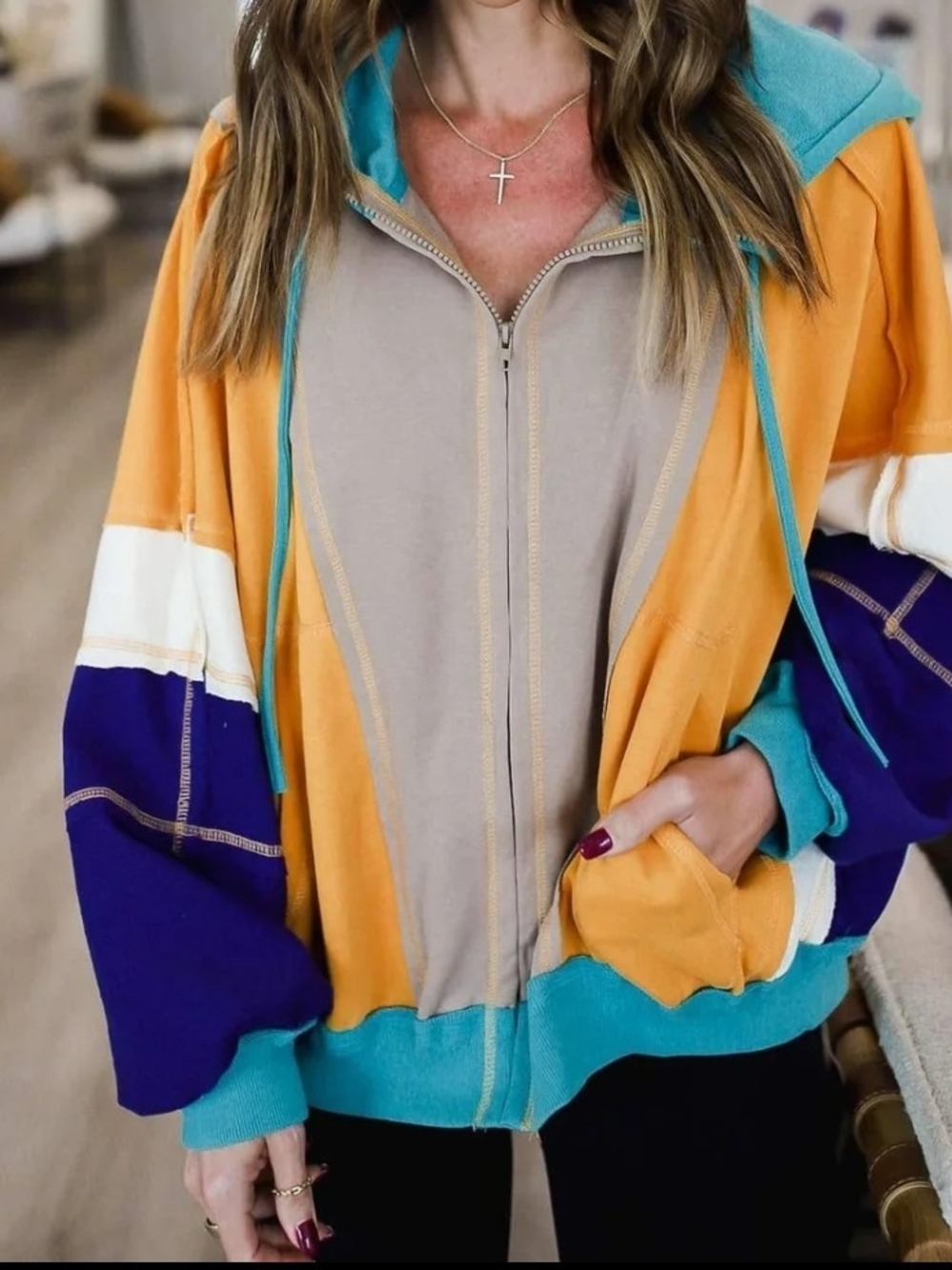 Double Take Colorblock Hooded Zip-Up Jacket
